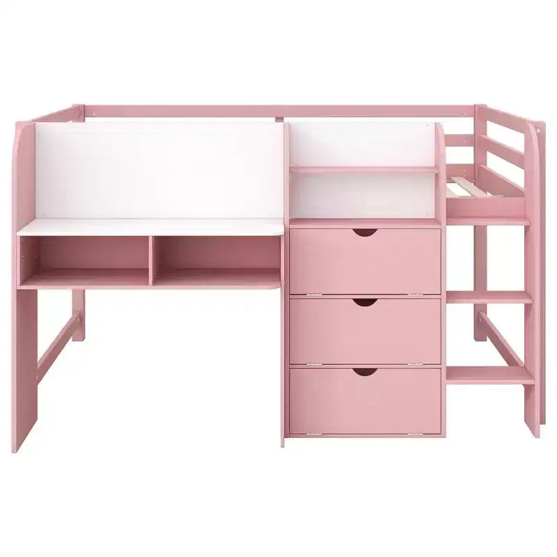 Niedriges Hochbett in Pink/Weiß mit Schreibtisch, Stauraum & Whiteboard – Einzelbett, 1 Person