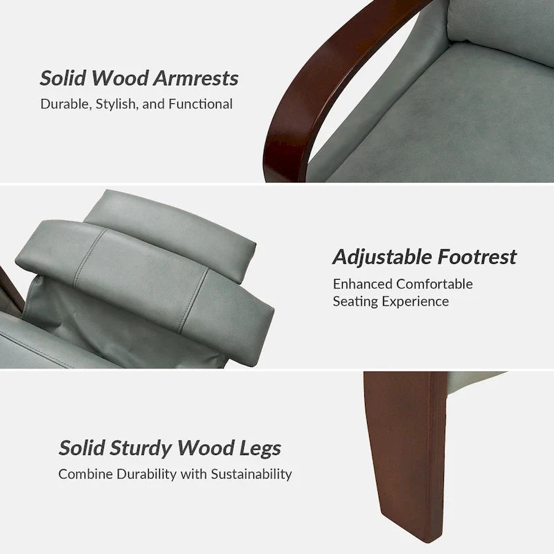 Alex Mid-Century Modern Zigarren-Sessel aus echtem Leder mit manueller Relaxfunktion und geschwungenen Holzarmlehnen