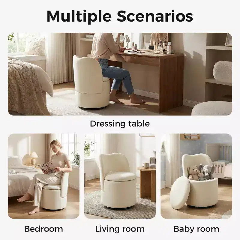 Drehbarer Schminkstuhl mit Stauraum, gepolsterter runder Make-up-Hocker mit Rückenlehne, weich gepolsterter Fass-Akzent-Sessel für Schlafzimmer und Wohnzimmer