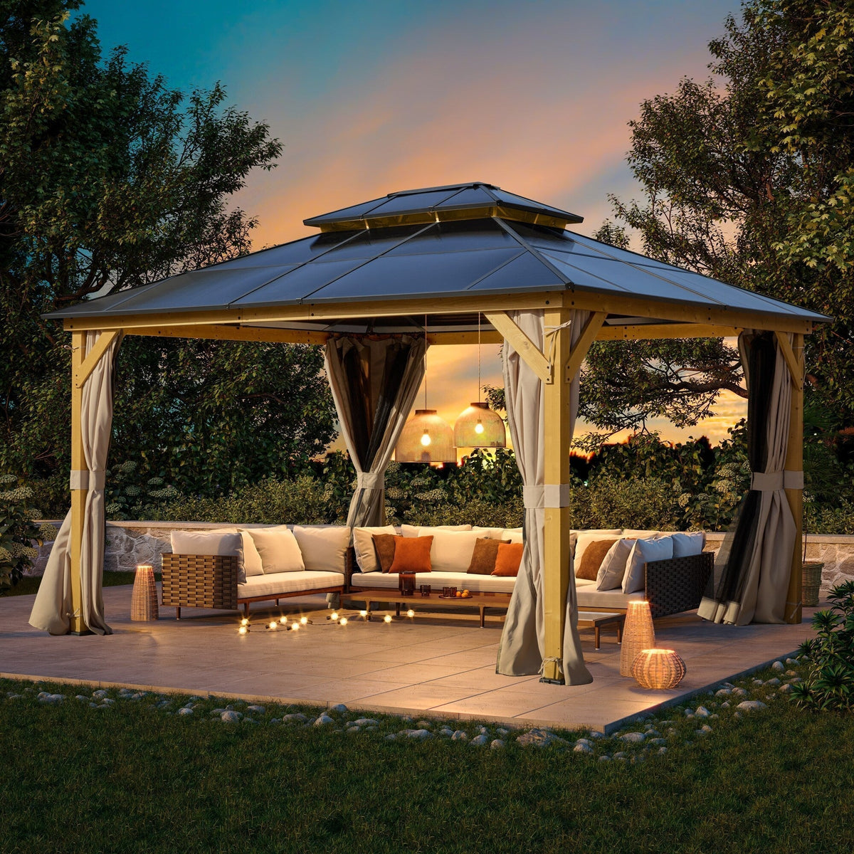 EROMMY Hardtop-Pavillon, Outdoor-Pergola mit Doppeldach & Netzen & Vorhängen, Hochleistungs-Canopy für Terrasse, Garten, Poolparty