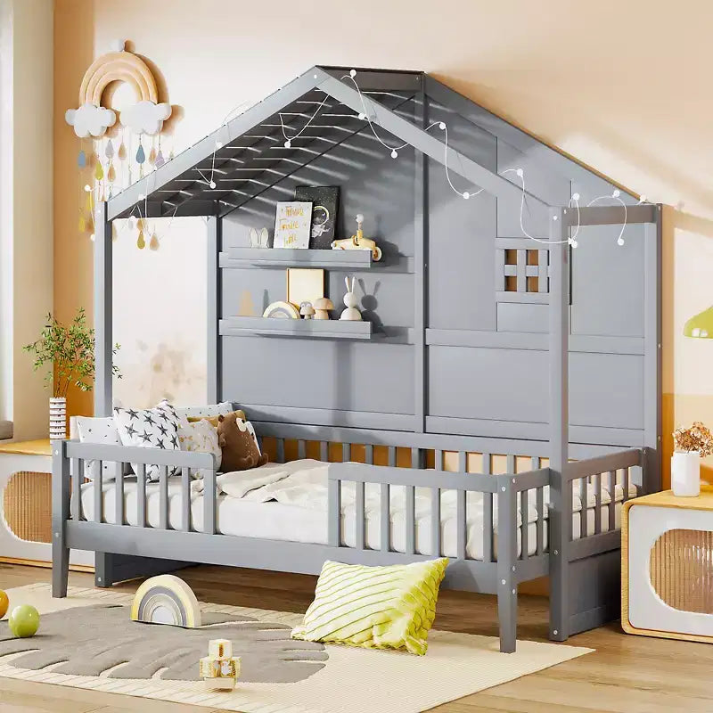 Hausbett in Twin-Größe mit Ablageregalen und Rausfallschutz, Montessori-Bettrahmen aus Holz für Kinder mit Fenster und glitzerndem Lichtband