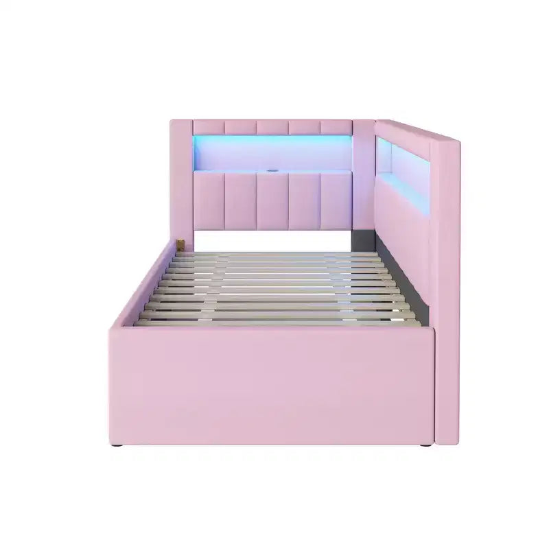 Einzel-/Doppel-Tagesbett mit Ausziehbett und L-förmigem Bücherregal-Kopfteil, gepolstertes Eckbett aus Leinen mit Ablageregalen und LED-Beleuchtung