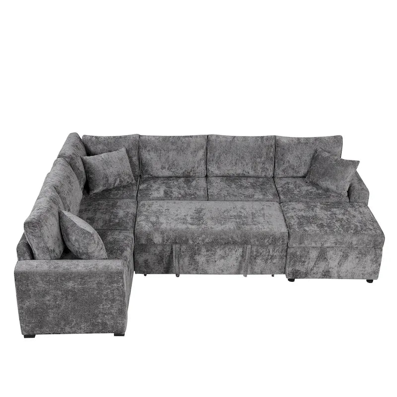 Chenille Ecksofa mit Ausziehfunktion, L-förmiges Schlafsofa mit Stauraum-Ottomane, 3 Kissen und Ladevorrichtungen