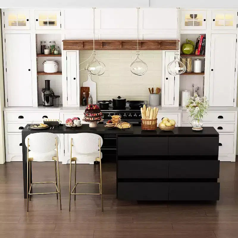 Intelligentes, drehbares/ausziehbares Buffet-Sideboard mit 6 Schubladen, erweiterter Arbeitsplatte, rutschfester Matte, drehbarem Esstisch, Kücheninsel-Vorratskammer