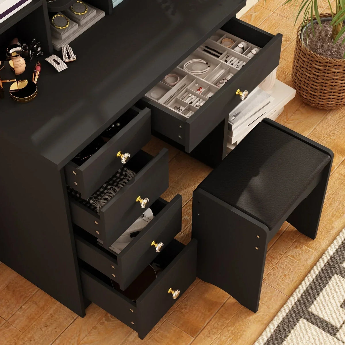 Schminktisch-Set mit LED-Beleuchtung, Spiegel und Hocker