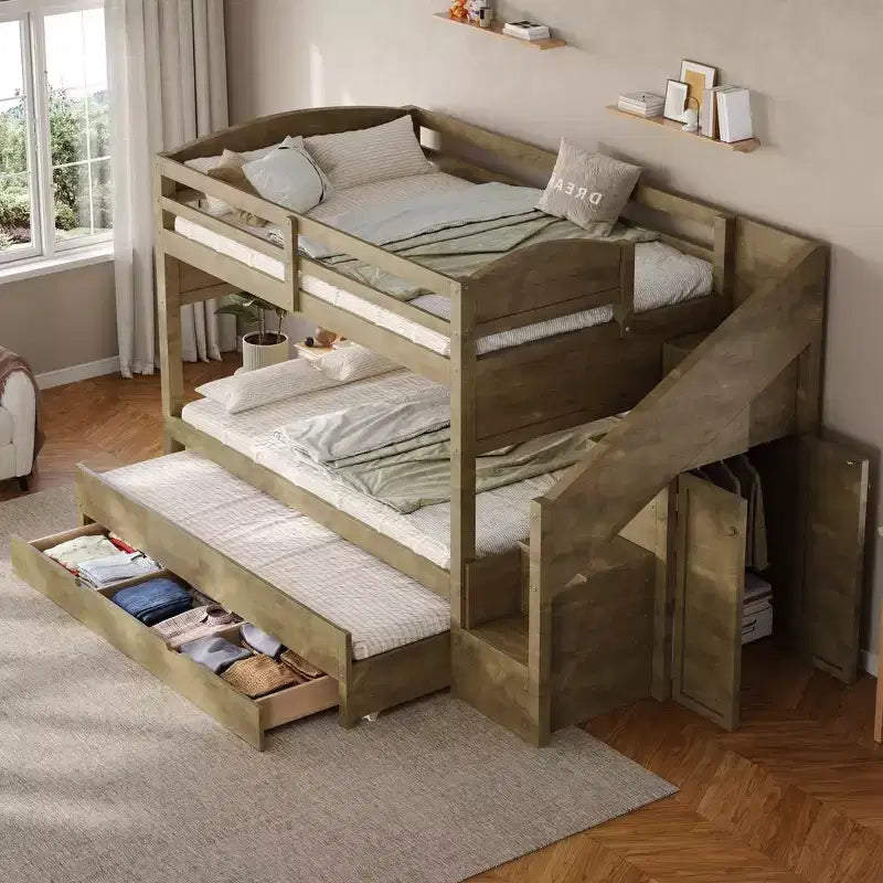Whisen Twin XL Etagenbett mit Ausziehbett, Etagenbett mit Stauraum, Etagenbett aus Massivholz, Treppe mit Stauraum, Kleiderschrank, 3 Schubladen, für Kinder