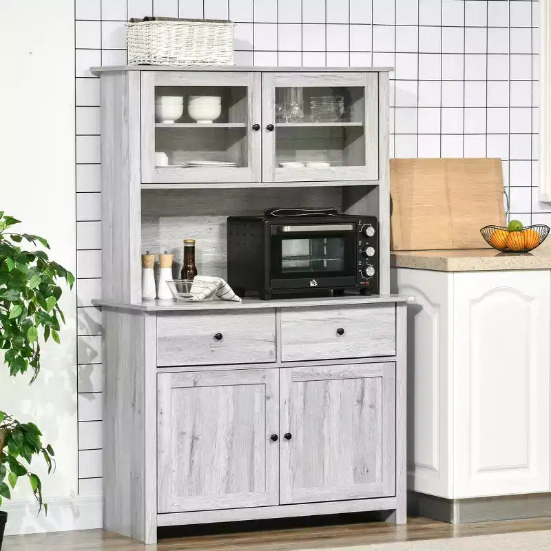 HOMCOM Küchenbuffet 63,5 mit Aufsatz, Vorratsschrank mit 4 Einlegeböden, Schubladen, gerahmten Glastüren, offener Mikrowellenablage