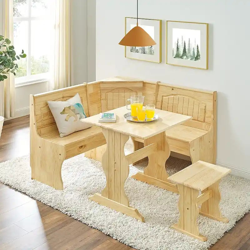 MUSEHOMEINC Essgruppe im traditionellen Stil, 3-teilig, aus massivem Holz, mit Eckbank und verstecktem Stauraum, Eckbank-Esstisch-Set