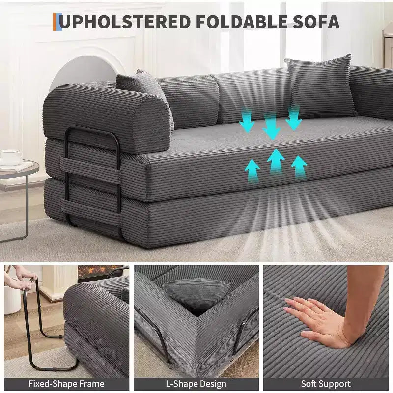 2-in-1 Schlafsofa, bequemes klappbares Cord-Schlafsofa mit tiefer Sitzfläche und breiten Armlehnen, knochenloses Sofa, für Wohnzimmer, Apartments