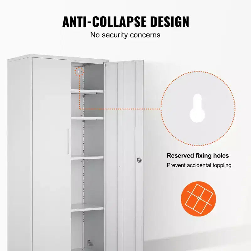 VEVOR Metall-Aufbewahrungsschrank, abschließbarer Stahlschrank mit 2 Magnettüren und 4 verstellbaren Einlegeböden, 180 cm hoher Metallschrank, 90 kg Tragkraft, Weiß