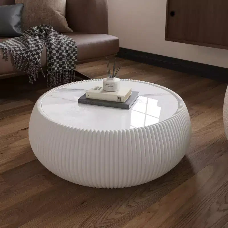 Okak Moderner runder Trommel Couchtisch mit Marmorplatte und Lederseite, Modischer Beistelltisch für Wohnzimmer, Schlafzimmer