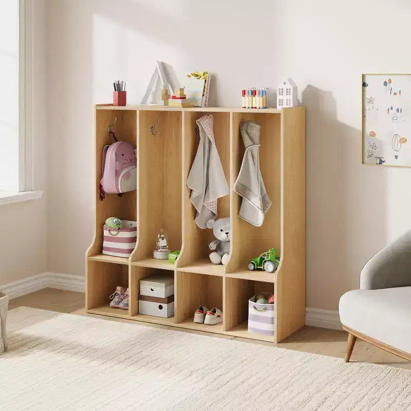 Braun/Weißes Garderobenfach mit 4 Abschnitten und 8 Haken, für Kinder