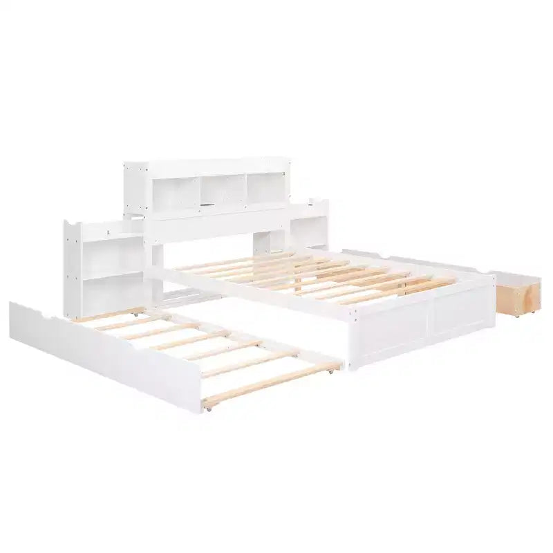 Plattformbett in voller Größe mit Stauraum, Ausziehbett, Kopfteil mit Bücherregal und Ladestation, Bettgestell aus Holz in voller Größe mit Regalen und Schubladen