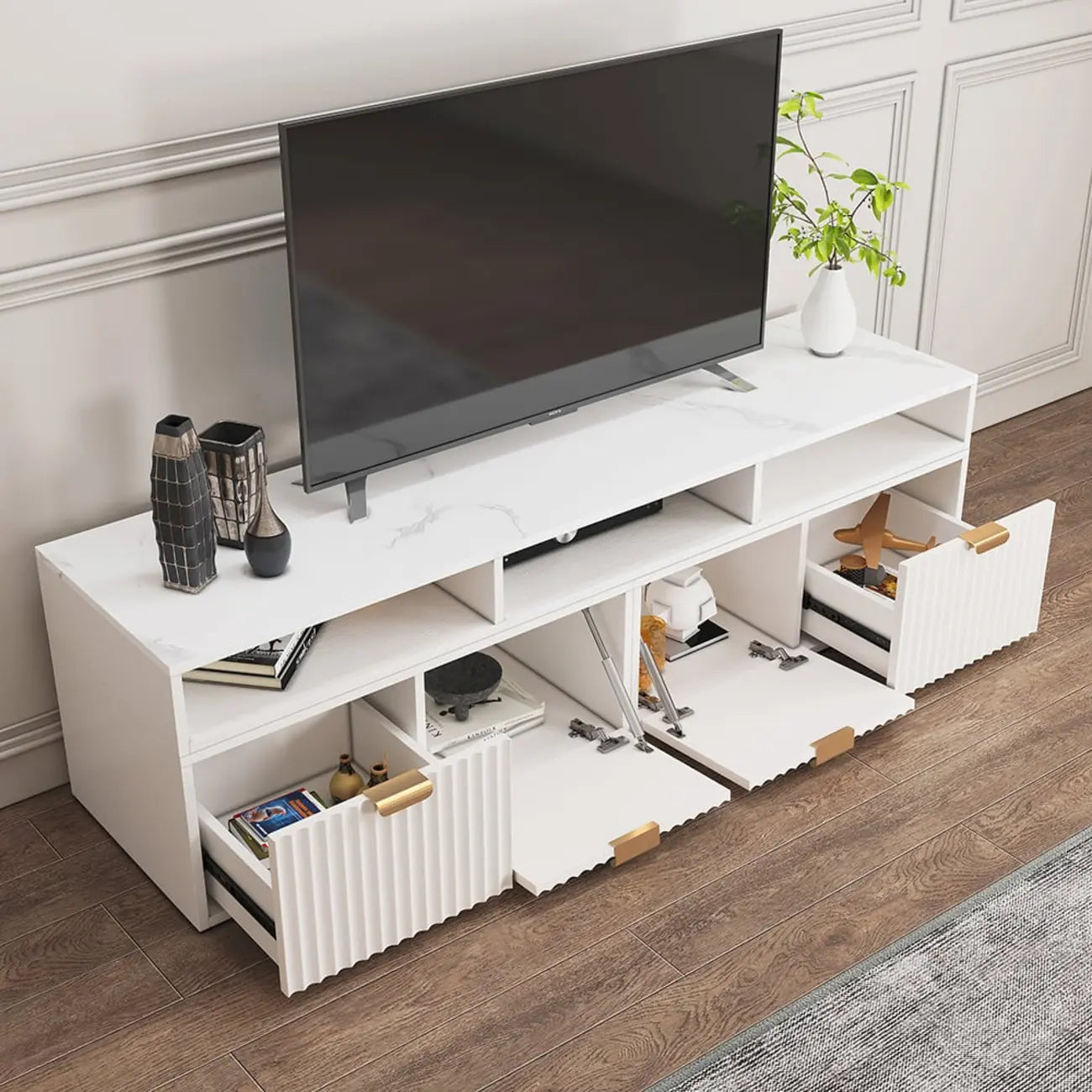 Moderner, weißer TV-Eckschrank mit 2 Schubladen und offenem Stauraum