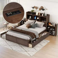 Plattformbett in voller Größe mit Stauraum, Ausziehbett, Kopfteil mit Bücherregal und Ladestation, Bettgestell aus Holz in voller Größe mit Regalen und Schubladen