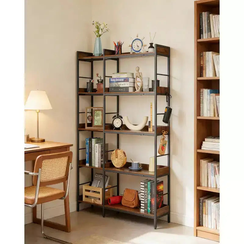 5-stufiges Eckregal in L-Form, 65 Industrieregal aus Holz und Metall (Rustikales Braun), wendbarer Stauraum für Wohnzimmer, Schlafzimmer und Home Office
