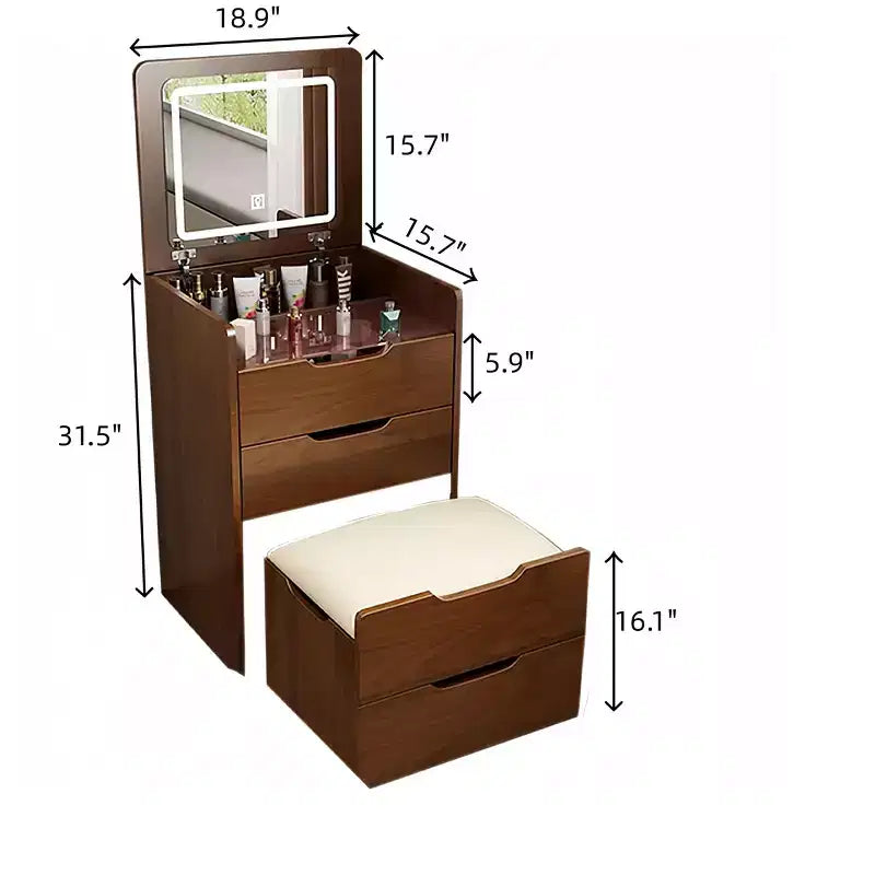 Okak 3-in-1 Schminktisch mit Klappspiegel, kompakter Waschtisch mit sichtbarer Glasplatte und gepolstertem Hocker, Schminktisch für das Schlafzimmer