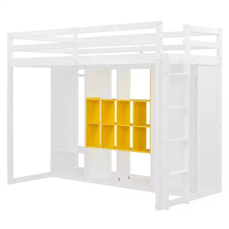 Hochbett für Kinder mit Kleiderschrank und Regalen, Holz-Hochbettgestell mit Aufbewahrungsschrank für Kinder und Jugendliche
