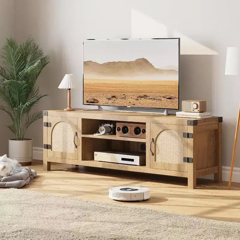 65-Zoll TV-Schrank im Bohème-Stil mit Rattantür – Hölzernes Entertainment-Center mit zwei Schränken und verstellbaren Einlegeböden, geeignet für Wohnzimmer