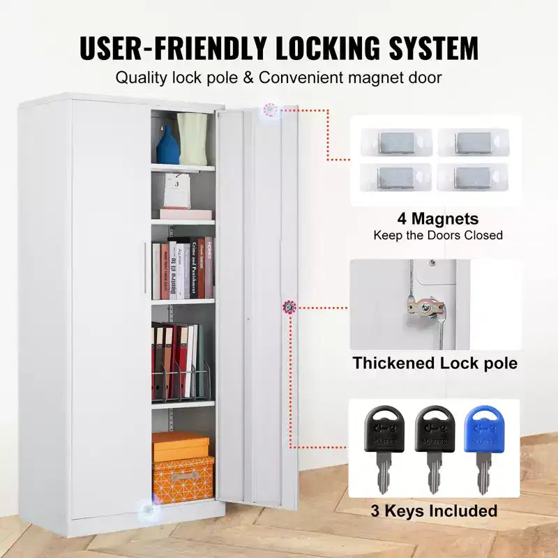 VEVOR Metall-Aufbewahrungsschrank, abschließbarer Stahlschrank mit 2 Magnettüren und 4 verstellbaren Einlegeböden, 180 cm hoher Metallschrank, 90 kg Tragkraft, Weiß