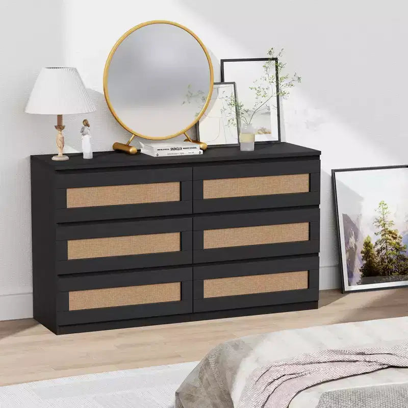 Rattan-Kommode für Schlafzimmer mit 6 Schubladen, 47" moderne Farmhouse breite Kommode, Holz-Aufbewahrungsschrank-Organizer für Kleiderschrank, Wohnzimmer, Flur