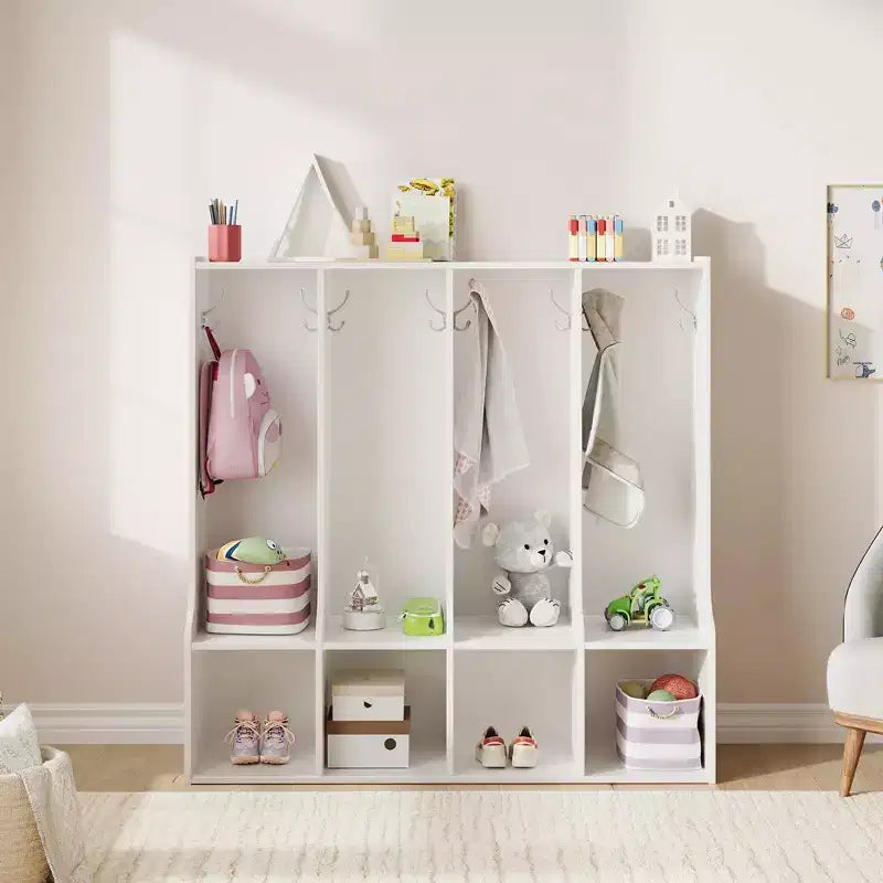 Braun/Weißes Garderobenfach mit 4 Abschnitten und 8 Haken, für Kinder