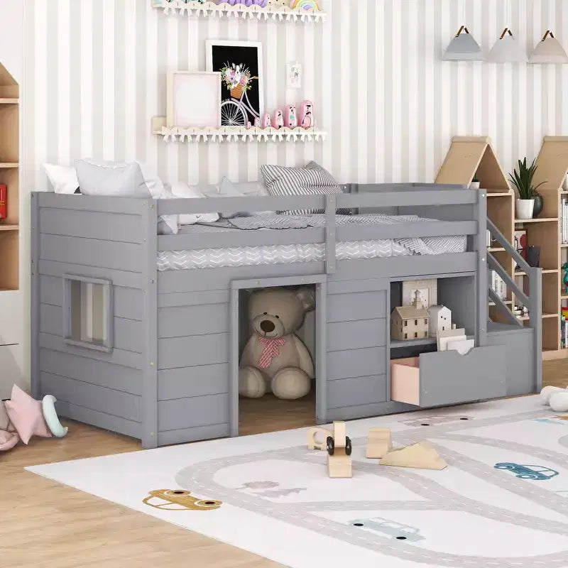 Okak Massivholz-Hochbett mit Treppe & Stauraum, Niedriges Etagenbett mit Schubladen & Regalen, Multifunktionales Hochbett für Kinder, Jugendliche