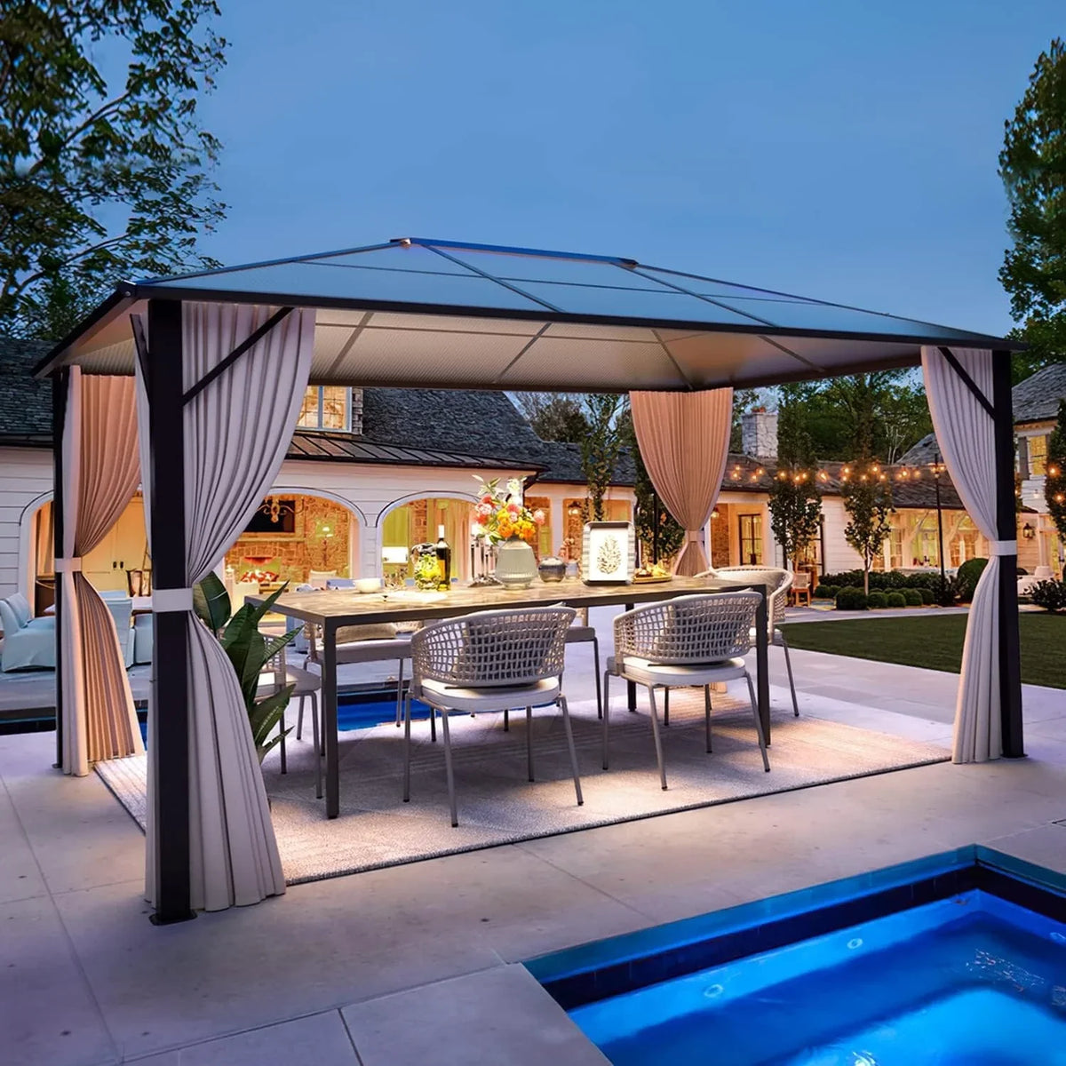 EROMMY Hardtop-Pavillon, Outdoor-Pergola mit Doppeldach & Netzen & Vorhängen, Hochleistungs-Canopy für Terrasse, Garten, Poolparty