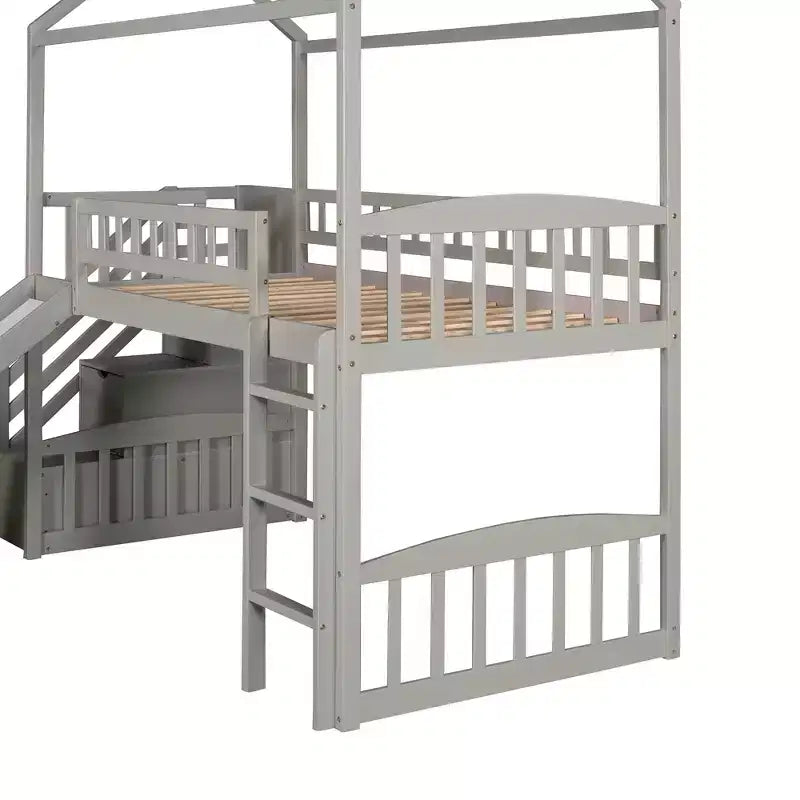 Doppelhaus-Hochbett mit Rutsche und Treppe, Hochbett mit Aufbewahrungsschubladen, Holzhaus-Hochbett für Kinder und Kleinkinder