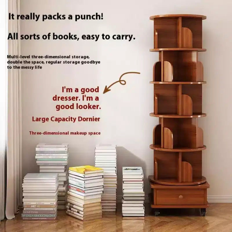 Chic Crate 6-stöckiges, um 360° drehbares Eckregal mit Rollen, schmales Bücherregal für kleine Räume, Nussbaumbraun