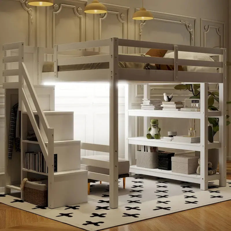 Hochbett mit Stauraumtreppe (Einzel-/Doppelbett) – Regale, Kleiderschrank & LED-Beleuchtung, platzsparendes Design