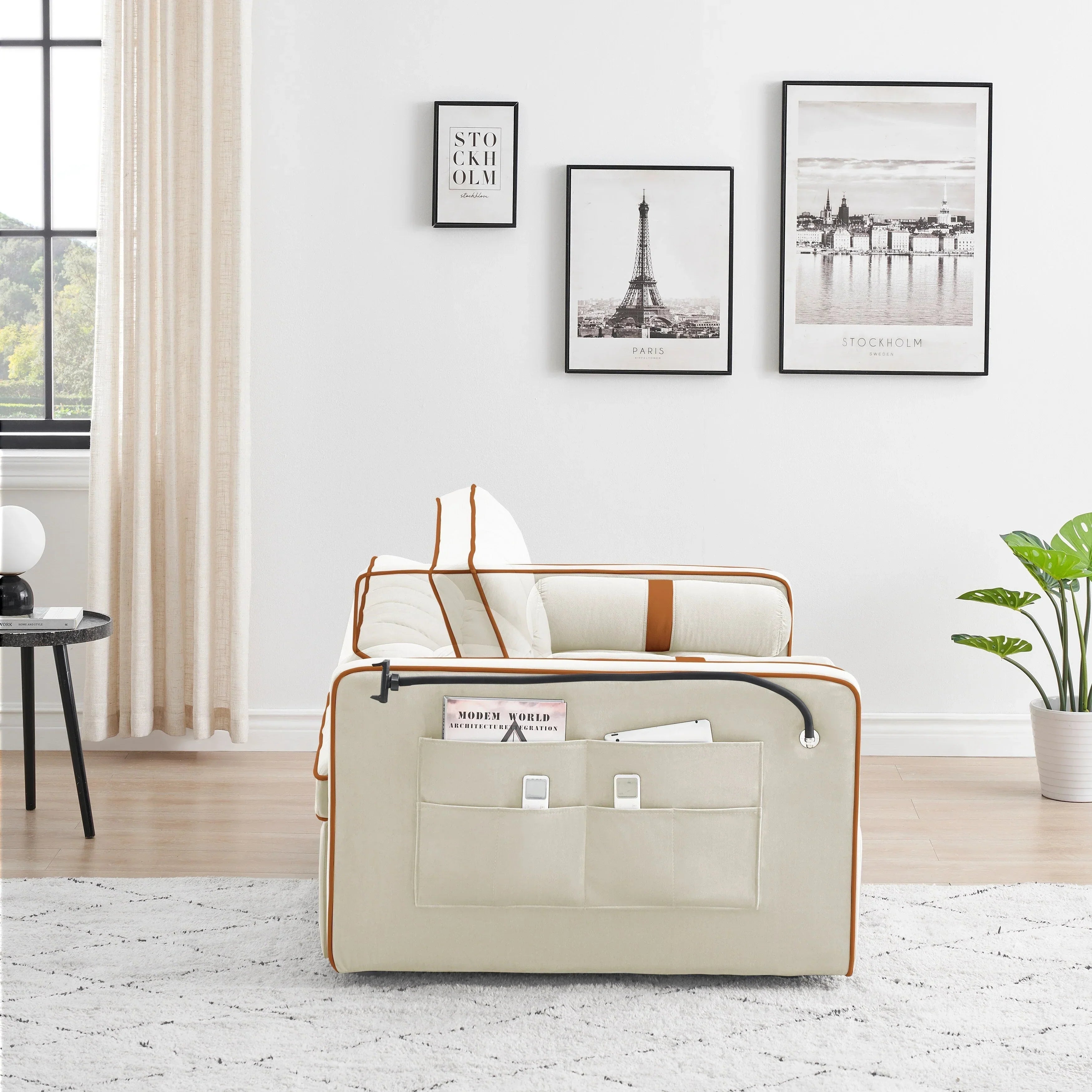 Samt-Schlafsofa zum Umbauen, 140 cm, 2-Sitzer, mit Ausziehbett, verstellbarer Rückenlehne, Seitentaschen und Handyhalterung