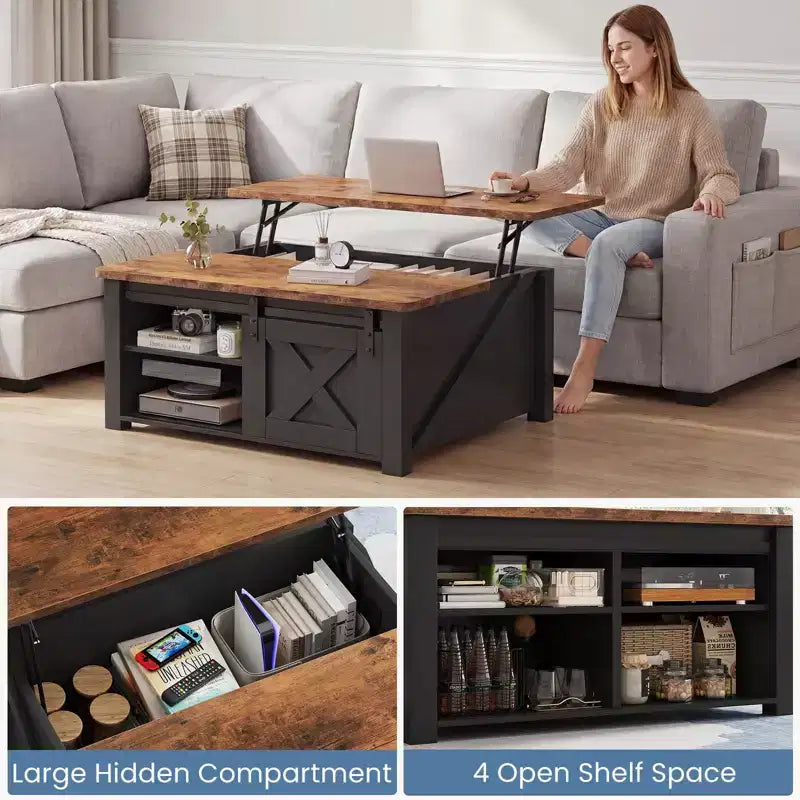 JIONJOY 31.5 Couchtisch mit anhebbarer Platte und großem verstecktem Stauraum, verstellbaren Regalböden, quadratischer Beistelltisch im Landhausstil für Wohnzimmer, kleine Räume