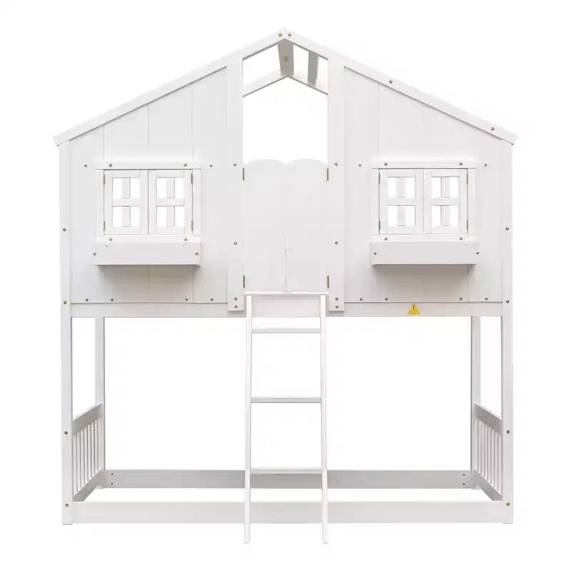 Doppel-Loftbett in Hausform, Holzspielhaus-Loftbett mit Leiter und Schutzgittern für Kinder