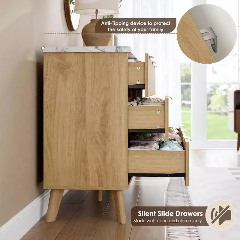 Kommode mit 9 Schubladen, gerillt, moderne Kommode, Holzkommode als TV-Ständer, geschwungenes Profil, für Wohnzimmer, Flur