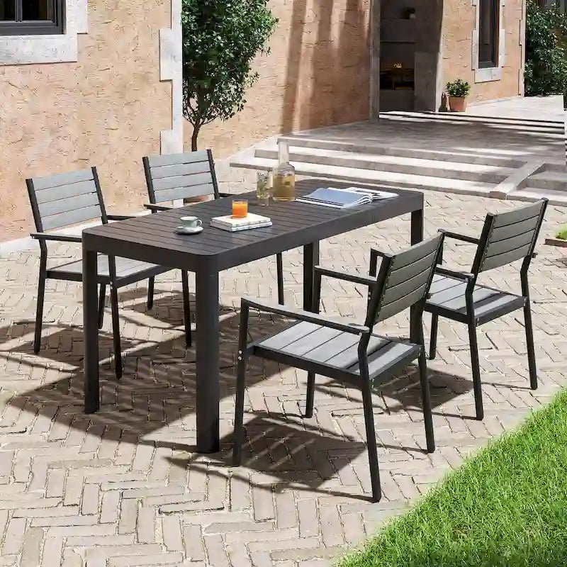 Outdoor 5/7-teiliges Terrassen-Essgruppe aus Aluminium mit stapelbaren Stühlen und ausziehbarem Tisch