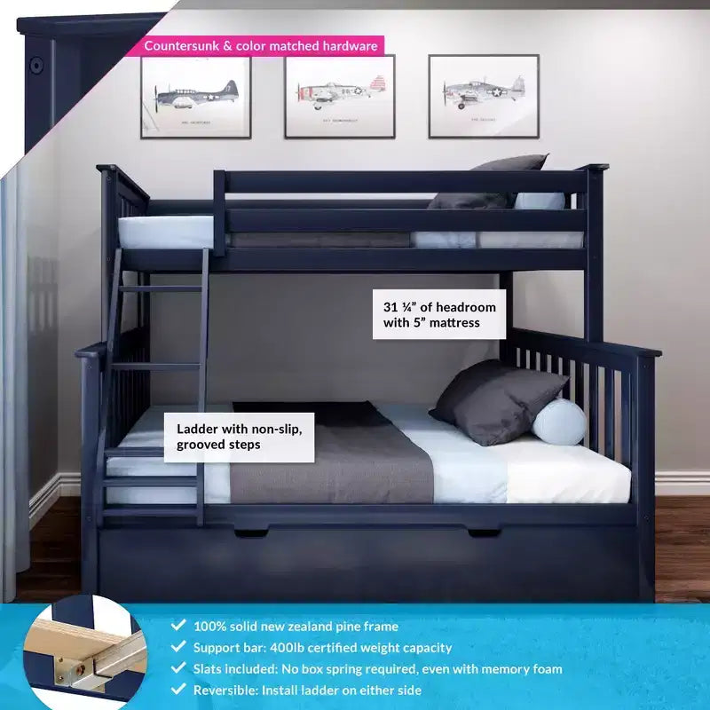 Max & Lily Massivholz Etagenbett, Twin über Full mit Ausziehbett und Leiter für Kinder