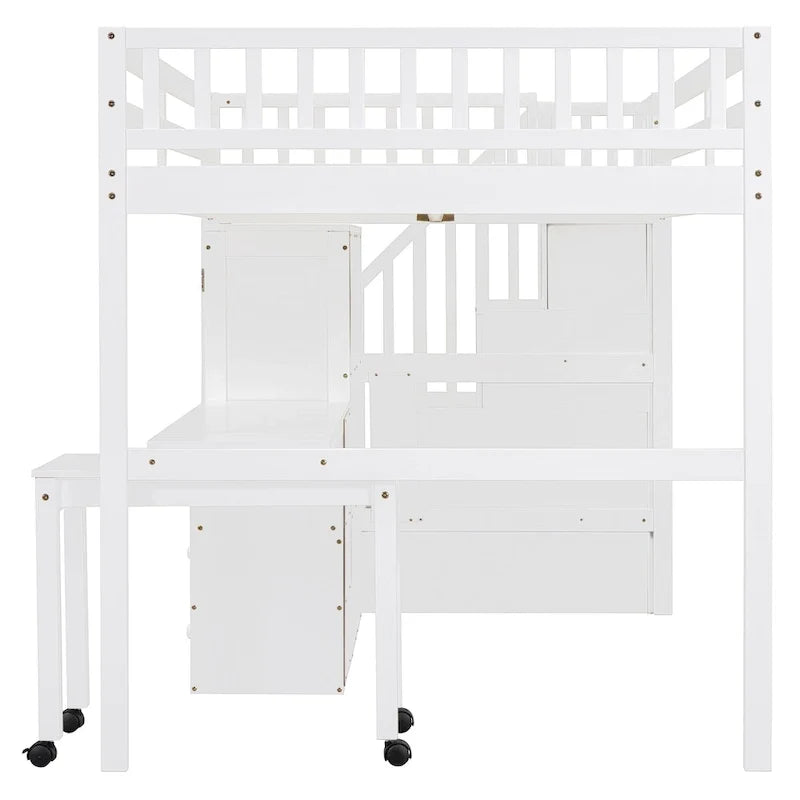 Doppelbett-Hochbett mit Treppe, Bücherregal, Schreibtisch und Kleiderschrank – platzsparendes Multifunktionsmöbel für Kinder & Jugendliche – Weiß