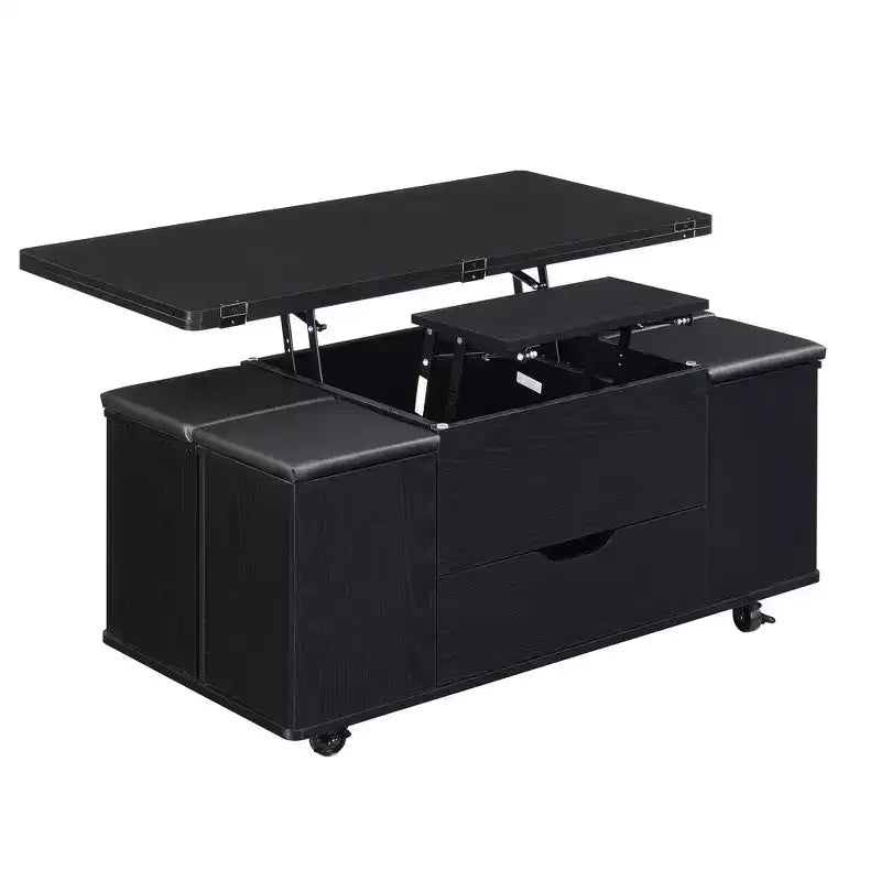 Multifunktionaler moderner Couchtisch mit Hebefunktion, verstecktem Stauraum, 4 Hockern und Rollen, perfekt für moderne Wohnbereiche