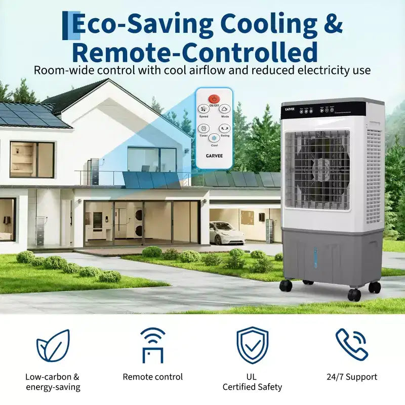 Luftkühler Verdunstungskühler mit Wassertank, 4 Kühlakkus, 3 Geschwindigkeiten, 120° Oszillation, Fernbedienung und 12-Stunden-Timer, 150W tragbarer Standklimaanlage
