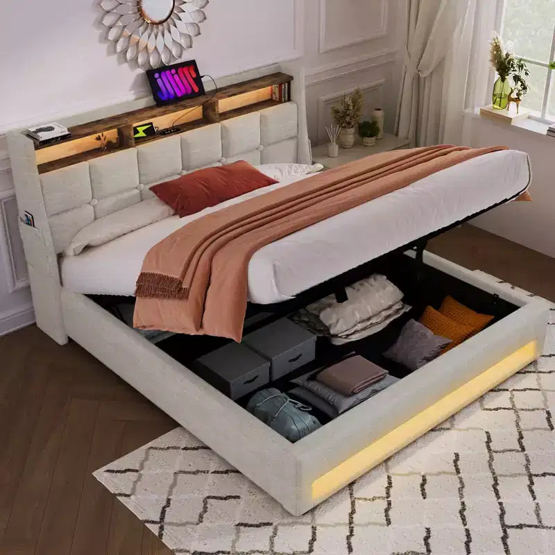 Queensize-Bett mit hydraulischem Stauraum, LED, USB, gepolstertem Kopfteil, kein Boxspringbett, einfache Montage