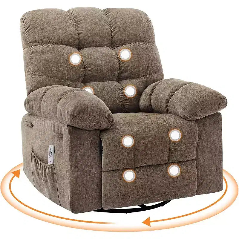 Massage-Liegesessel mit Heizfunktion – 360° drehbarer Schaukelstuhl, überdimensioniertes Einzelsitzer-Sofa mit Vibration, USB-Anschluss und Aufbewahrungstaschen für Wohnzimmer/Schlafzimmer