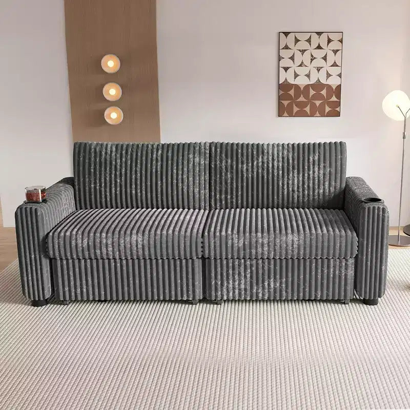 Dyonery 91 Sektional Schlafsofa mit Ausziehbett, verstellbarer Rückenlehne/zwei Ausziehbetten/USB-Anschlüssen/Getränkehaltern, Plüsch-Kordbezug