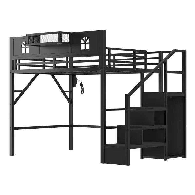 ModernLuxe Hochbett für Full/Queen-Betten mit Treppe und integriertem Kleiderschrank, Metallbettgestell mit LED-Beleuchtung, USB-Ladestation und Ablagefächern