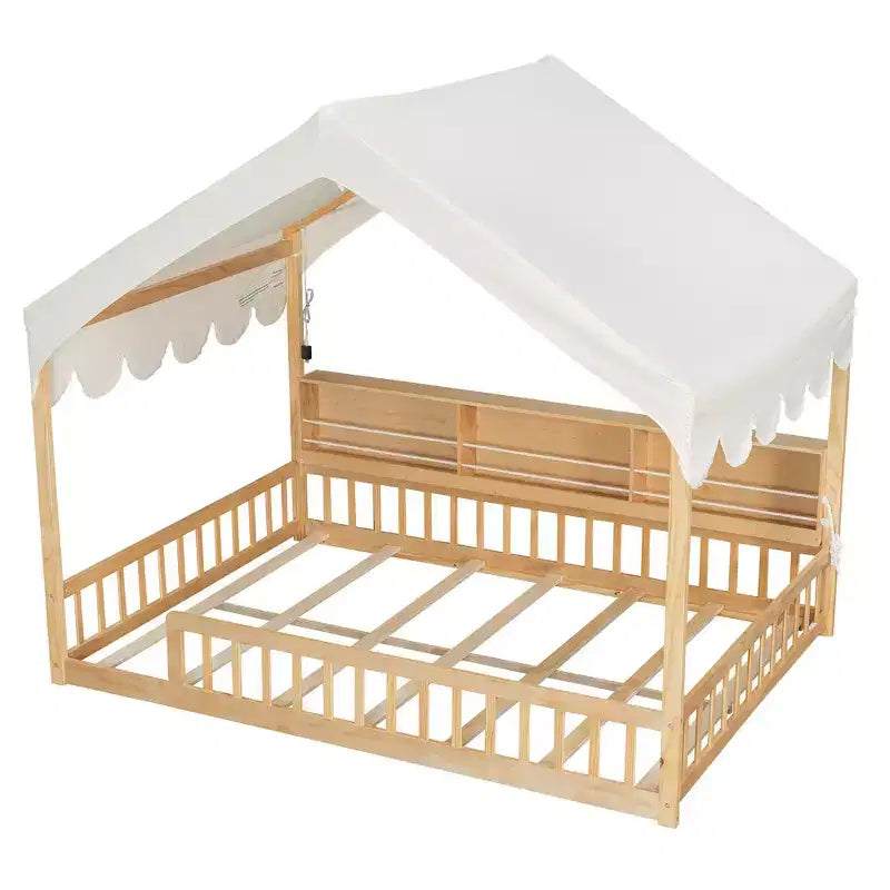 Whisen Vollholz-Bettgestell, Hausbett mit Zaun, 3 Aufbewahrungsregale, Vorhang