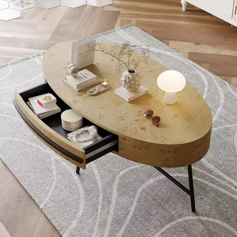 Acekool Ovaler Couchtisch mit Schublade, 120 cm Holz-Ablagetisch mit gekreuzten Metallbeinen, Mid-Century Modern Beistelltisch in Natur & Golden Willow