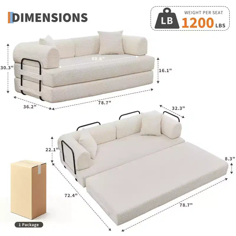 4-in-1 Schlafsofa, 79" rahmenloses Cord-Klappbodenbett mit Kissen, keine Montage erforderlich, Zweisitzer für kleine Wohnungen