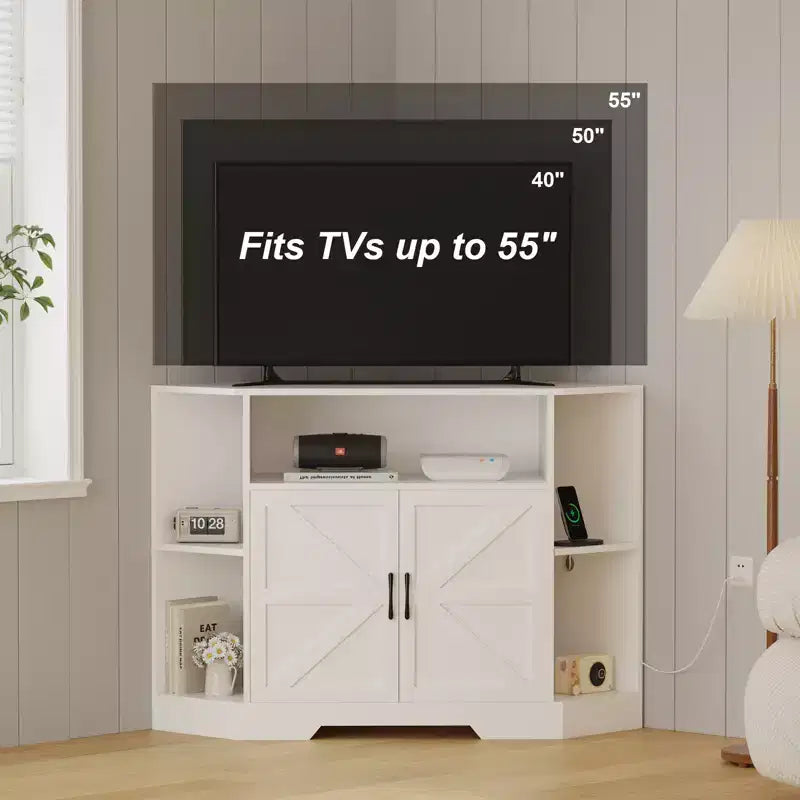 Eck-TV-Ständer für Fernseher bis 55 Zoll, Bauernhaus-Mediakonsole mit Scheunentüren, offenen Regalen und Aufbewahrungsschrank, Weiß