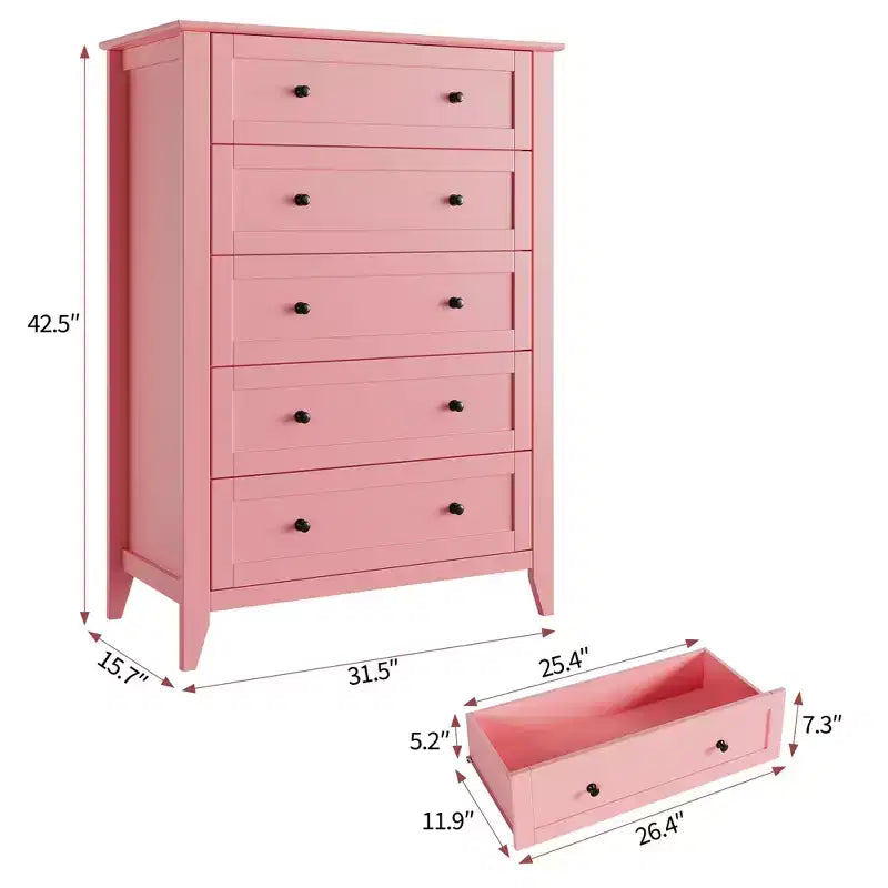 5-Schubladen-Kommode, 108 cm hoch, für das Schlafzimmer, Holzschrank mit 30 cm tiefen Schubladen und goldenen Metallgriffen, ideal für den Eingangsbereich oder Flur