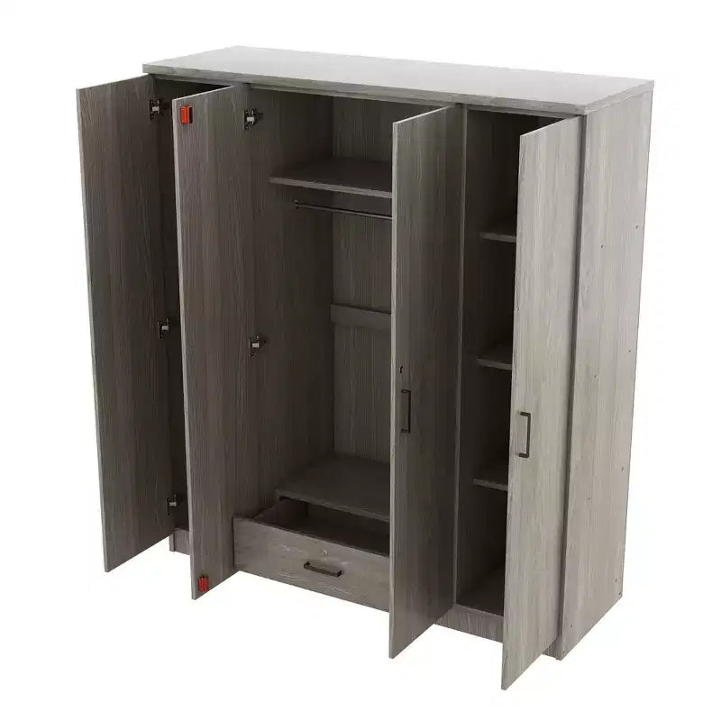 Holz-Kleiderschrank mit 4 Türen, Kleiderstange, 1 Schublade und Ablagefächern